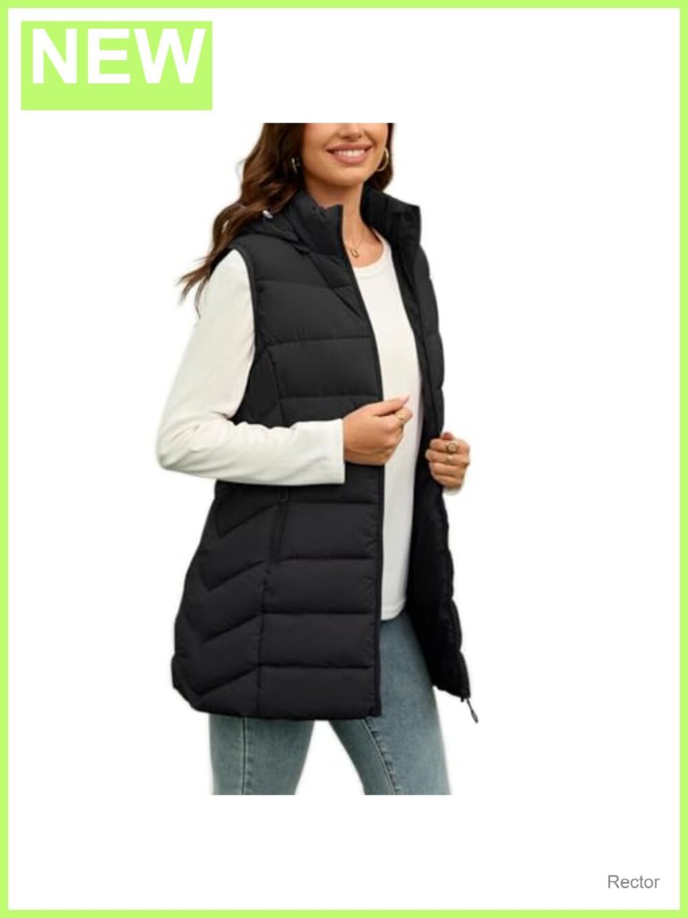 Long Puffer Vest Fleece-Lined Sleeveless Hooded Winter Vest with Pockets